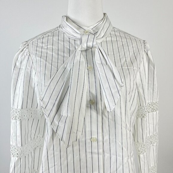NWOT SEE BY CHLOÉ Embroidery Floral Tie-Neck Stripe Blouse Sz 38/6 Long Sleeves - Picture 3 of 13